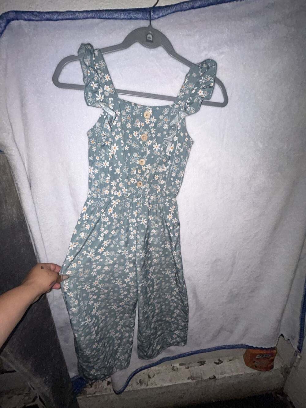 Girls Teal Floral Smocked Ruffle Strap Jumpsuit Size 10